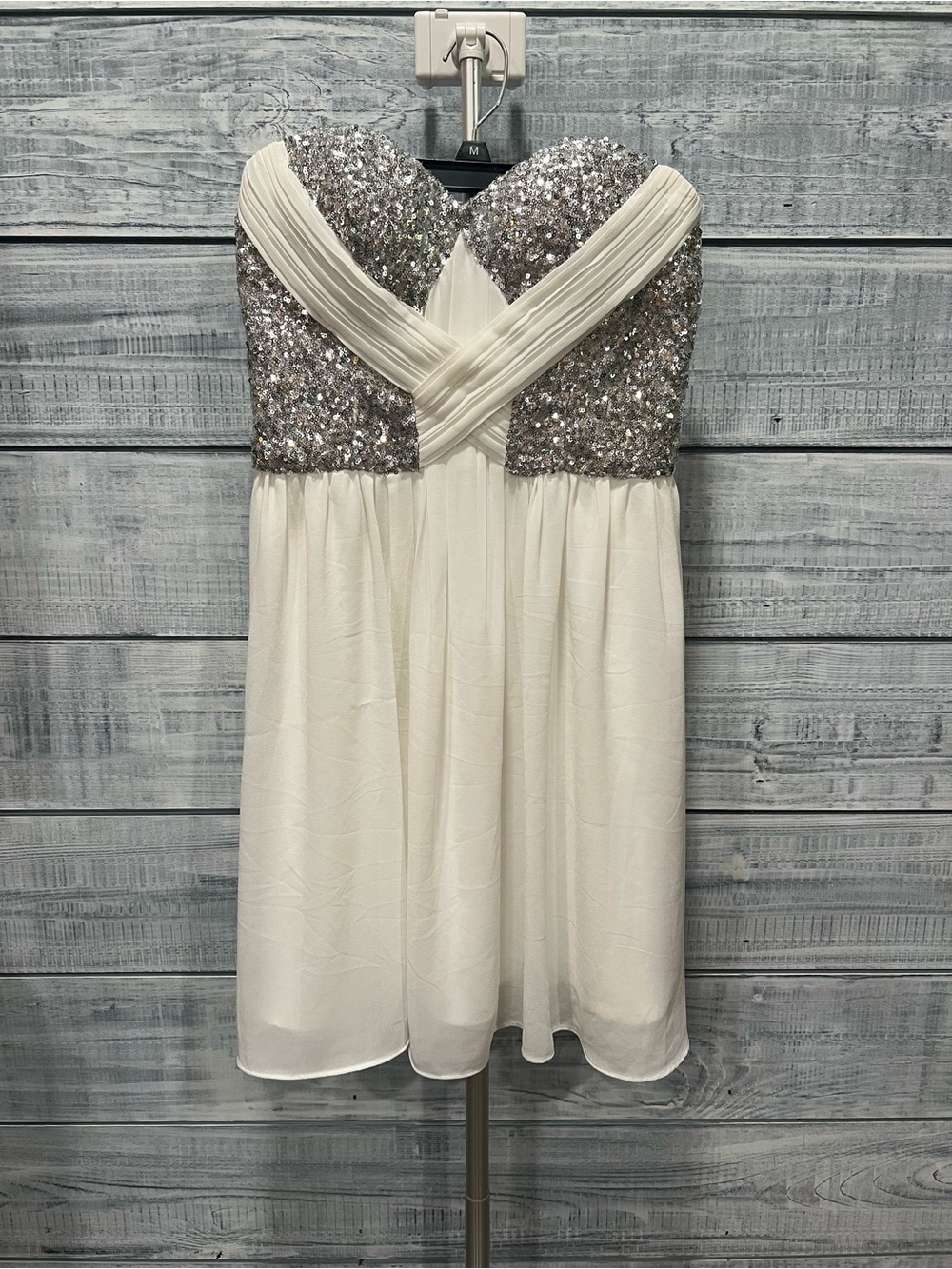 a. drea Nordstrom Strapless Ivory Chiffon Dress with Silver Sequin Bodice